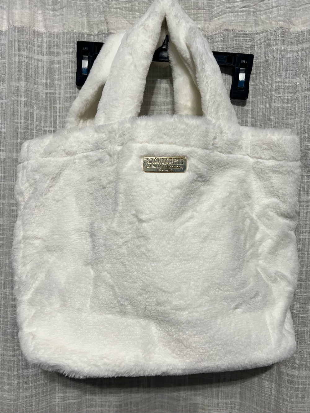 Cream Faux-Fur Tote with Gold Logo Plaque